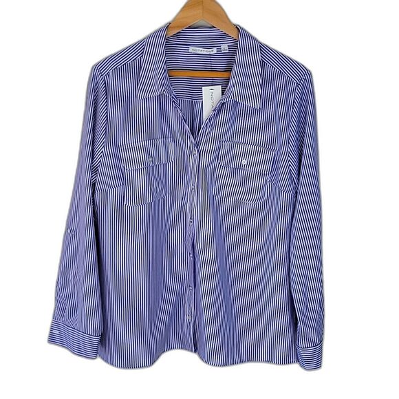 Notations Blue White Striped Long Sleeve Button Down Blouse size L Roll Tab NWT - Picture 1 of 12